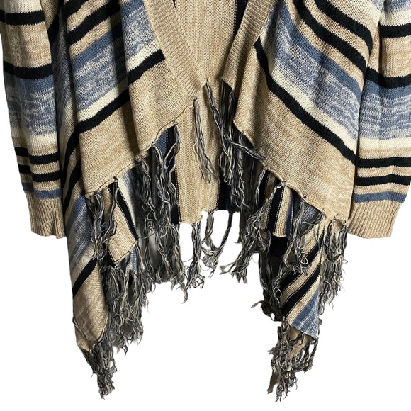 Majora Women's Tan/Blue Striped Open Front Fringed Knit Cardigan - Picture 3 of 10